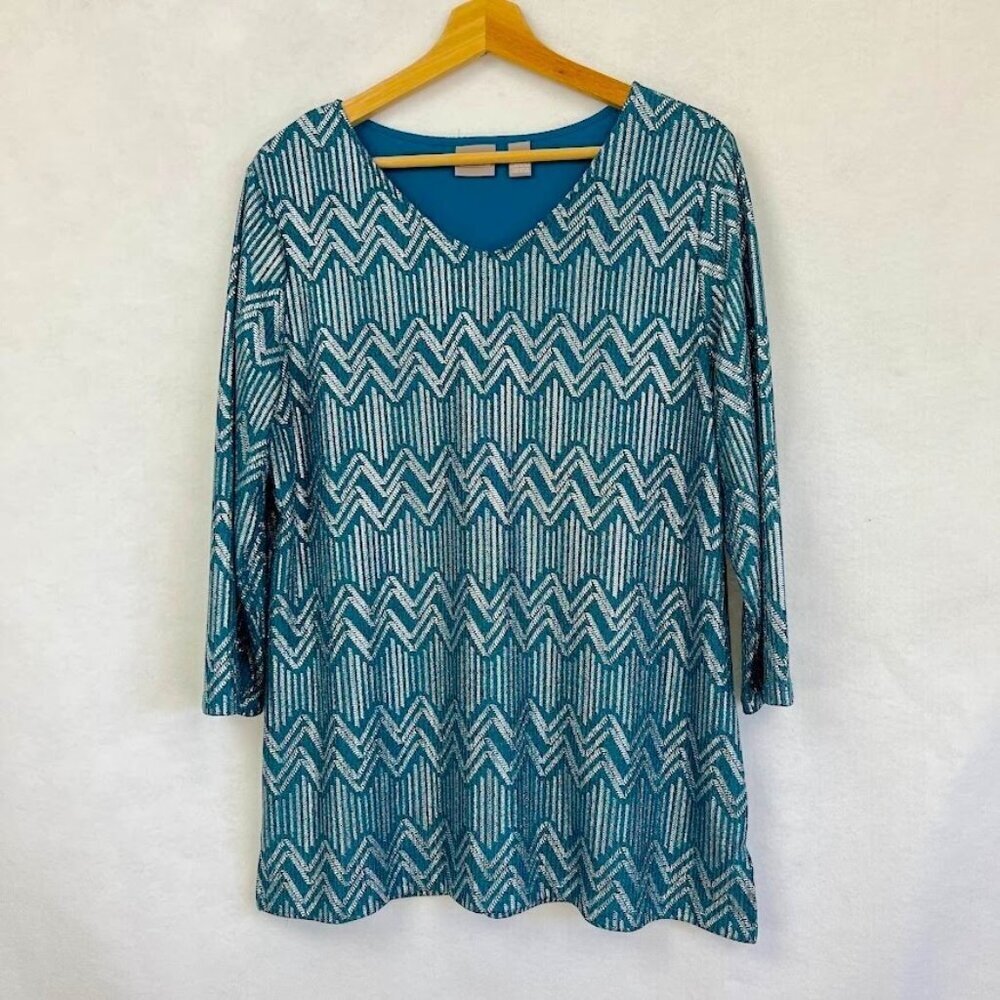 Chico's Jazlyn Foil Tunic 3/4 Sleeve Party Mob Wife Academia Grandma Chic